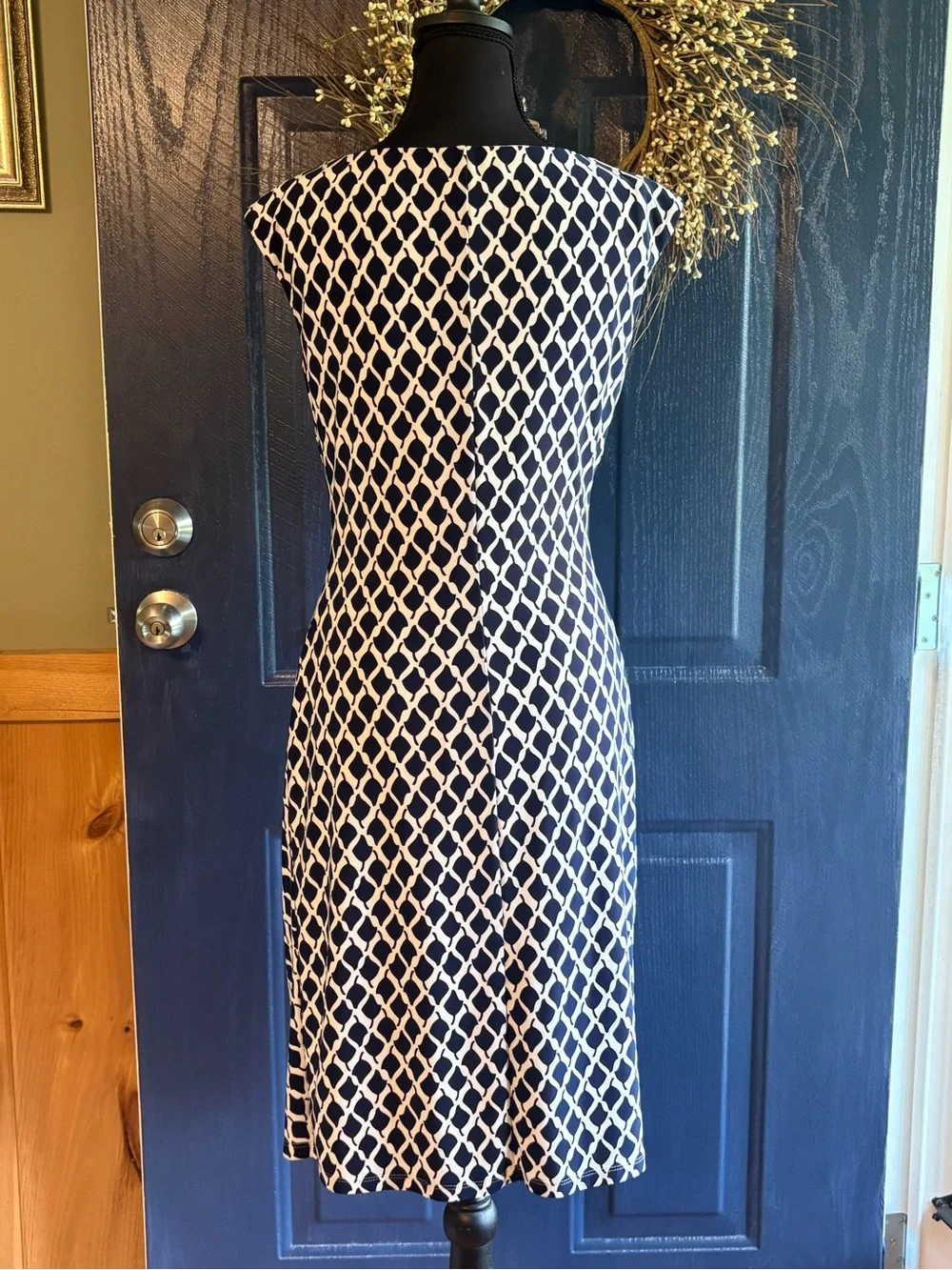 Ralph Lauren Navy and White Geometric Midi Sheath Dress